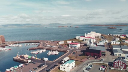 Canvas Print - Stykkisholmur aerial city view from drone on a beautiful summer day, Iceland. Slow motion