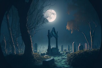 Wall Mural - Spooky graveyard with a rocky road and several tombstones covered with moss and vines, meanwhile mystical glowing fog fills the air, in the full moon