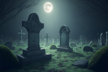 Wall Mural - Spooky graveyard with several tombstones covered with moss and vines, whith a greyish autumn fog