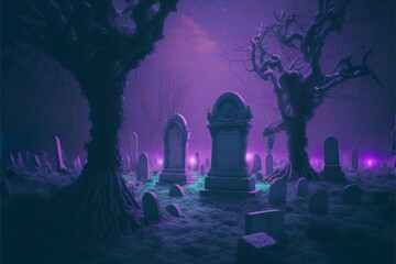 Wall Mural - Spooky graveyard with several tombstones covered with moss and vines, with a forest in the background