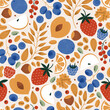 Granola seamless pattern. Oats with fruits and berries. Tasty cereal ingredients. 