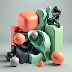 Poster - Abstract composition. Simple geometric shapes. Dark colored illustration. Floral elements. 3D rendering. Generative AI.