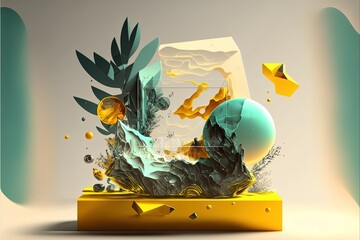 Poster - Luxurious abstract background. Simple glass figures. Frozen multicolored liquid. Gradient light. 3D rendering. Generative AI.