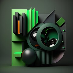 Poster - Abstract composition. Simple geometric shapes. Dark colored illustration. Technical elements. 3D rendering. Generative AI.