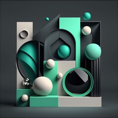 Poster - Abstract composition. Simple geometric shapes. Dark colored illustration. Technical elements. 3D rendering. Generative AI.