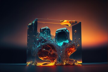Poster - Simple glass figures. Frozen multicolored liquid. Gradient light. Luxurious abstract background. 3D rendering. Generative AI.