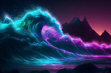 Fantasy Seascape, Neon Colors, Magic Lights On The Water. Generative AI.