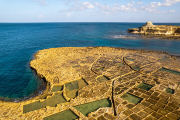 Wall Mural - Salt Pans, Xwejni Bay, Xwejni, Gozo Island, Malta, aerial drone view