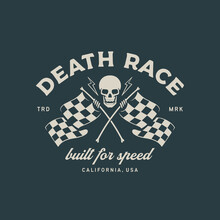 Skull With Racing Flag. Logo Design Illustration