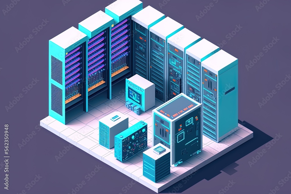 Isolated isometric view of a data center, server farm, server racks, or ...