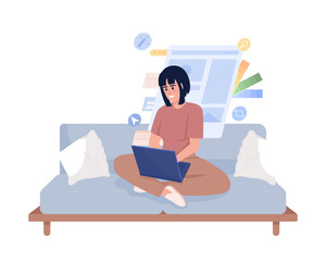 Poster - Female graphic designer sitting on couch semi flat color vector character. Editable figure. Full body person on white. Simple cartoon style illustration for web graphic design and animation