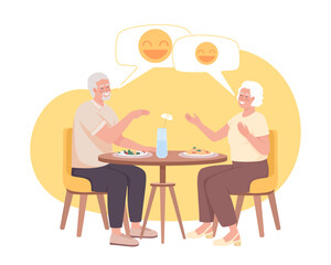 Wall Mural - Senior couple having dinner together and laughing 2D vector isolated illustration. Older friends flat characters on cartoon background. Colorful editable scene for mobile, website, presentation