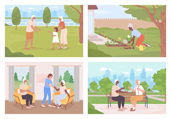 Healthy older adults lifestyle flat color vector illustration set. Healthcare center. Gardening hobby. Fully editable 2D simple cartoon characters collection with landscape on background