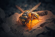 Giant Hornet Flying Insect With Glowing Abdomen On Rocky Surface In Nature At Night