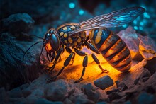 Giant Hornet Flying Insect With Glowing Abdomen On Rocky Surface In Nature At Night