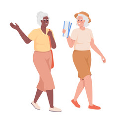Poster - Older female friends going to event with tickets semi flat color vector characters. Editable figures. Full body people on white. Simple cartoon style illustration for web graphic design and animation