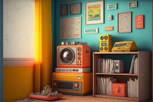 Retro Kid's Room Interior With Vintage Devices And Pop Culture Posters, Toys And Nostalgic Gadgets From The 80s And 90s