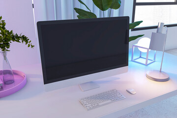Poster - Creative designer office desktop with empty computer monitor, decorative plant and other objects. Mock up, 3D Rendering.