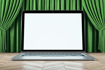 Poster - Empty white mock up laptop monitor, green curtains and wooden flooring. Cinema, stage and theater. 3D Rendering.