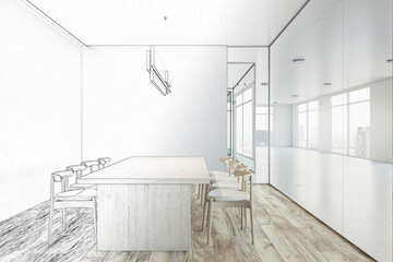 Poster - Modern conference room interior design project with handwritten table and chairs and graphic office hall view background through glass wall. 3D rendering
