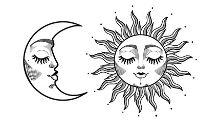 Wall Mural - beautiful sun and moon crescent with face, vintage boho tattoo, mystical symbols of astrology, zodia