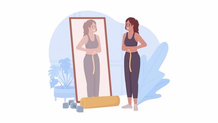 Poster - Animated track weight loss progress. Measure waist. Looped flat 2D character HD video footage. Colorful isolated animation on white background with alpha channel transparency for website, social media