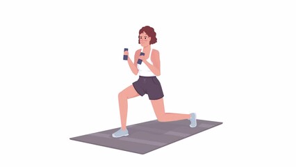 Poster - Animated doing lunges with weights. Exercise on mat. Full body flat person on white background with alpha channel transparency. Colorful cartoon style HD video footage of character for animation