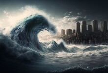 Big Wave Crashing On Shore With Cityscape Background  Generative Ai