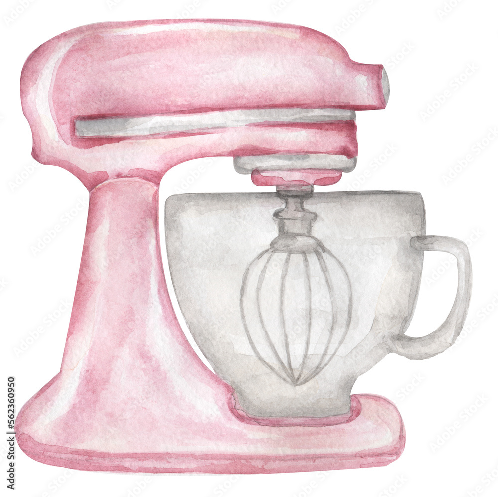 Watercolor pink mixer illustration for creating diy bakery logo ...