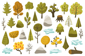 Big forest plants clipart vector collection. Hand drawn woodland trees, herbs, mushrooms, flowers, branches, berries, leaves. Coniferous and deciduous. Wild botanical set