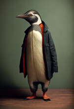 Penguin Wearing Clothes, Surreal Hybrid Creature In Studio Setting, Fanatsy Animal, Illustration, Generative AI 
