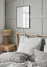 Mockup Frame In Cozy Simple Bedroom Interior Background, 3d Render