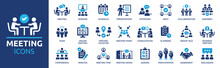 Meeting Icon Set. Containing Seminar, Business Meeting, Presentation, Interview, Conference, Assembly, Agreement And Discussion Icons. Solid Icon Collection.