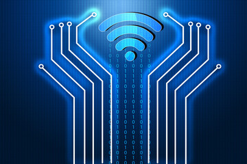 Poster - Wifi icon on circuit board background. 3d illustration.