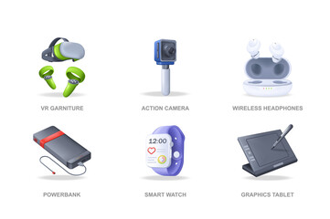 Poster - Gadgets 3D icons set in modern design. Pack isolated elements of vr garniture, action camera, wireless headphones, power bank, smart watch, tablet. Illustration in realistic render for web