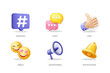 Social network 3D icons set in modern design. Pack isolated elements of buttons, hashtag, chat bubbles, like, emoji, advertising and notification. Illustration in realistic render for web