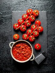 Canvas Print - Bolognese sauce in bowl with cherry tomatoes.