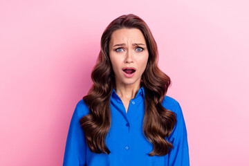 Sticker - Photo of upset unhappy dissatisfied woman with curly hairdo dressed blue blouse staring open mouth isolated on pink color background