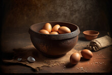 A Background Of An Ancient Wood Table With Chicken Eggs In A Clay Basin. Generative AI