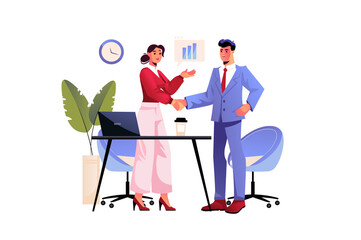 Poster - Business deal concept with people scene in flat design. Businesswoman and businessman shaking hands and making deal on cooperation in office. Illustration with character situation for web