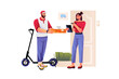 Delivery service concept with people scene in flat design. Courier with kick scooter delivering box to client at door. Woman receiving package. Illustration with character situation for web