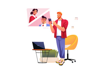 Aufkleber - Mobile consulting concept with people scene in flat design. Man writes in online chat or make video call and communicates with customer support. Illustration with character situation for web