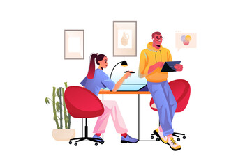 Wall Mural - Creative agency concept with people scene in flat design. Man and woman promote businesses and brands and create advertising campaigns and content. Illustration with character situation for web