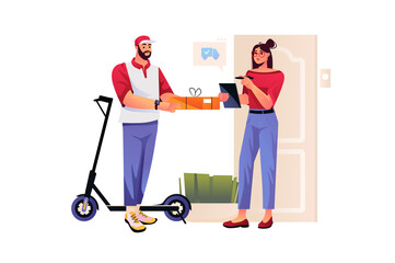 Sticker - Delivery service concept with people scene in flat design. Courier with kick scooter delivering box to client at door. Woman receiving package. Illustration with character situation for web