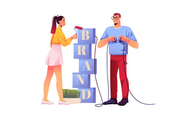 Aufkleber - Branding team concept with people scene in flat design. Man and woman build word Brand from cubes, develop create identity, company personality. Illustration with character situation for web