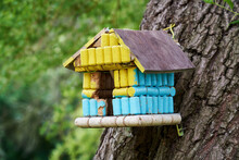 Nest Box Or Birdhouse Painted In Ukrainian National Colors On A Tree