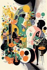 Music festival.Vector illustrations of musicians, people and musical instruments: drums, cello, synthesizer, tape recorder for poster, flyer or background