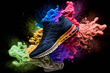 Wall Mural - Black shoe on abstract multicolor smoke explosion background. Colorful smoke clouds with sneaker on black background. Fashion or sport texture. Generative AI colorful sport design element.