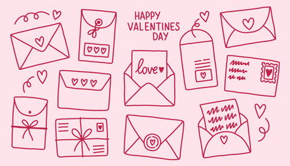 Wall Mural - Set of cute hand drawn envelopes about love. Design elements isolated on pink. Happy Valentines Day vector illustration.