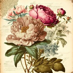 Vintage botanical drawing, old paper floral background, generative ai flowers, beautiful flower composition illustration